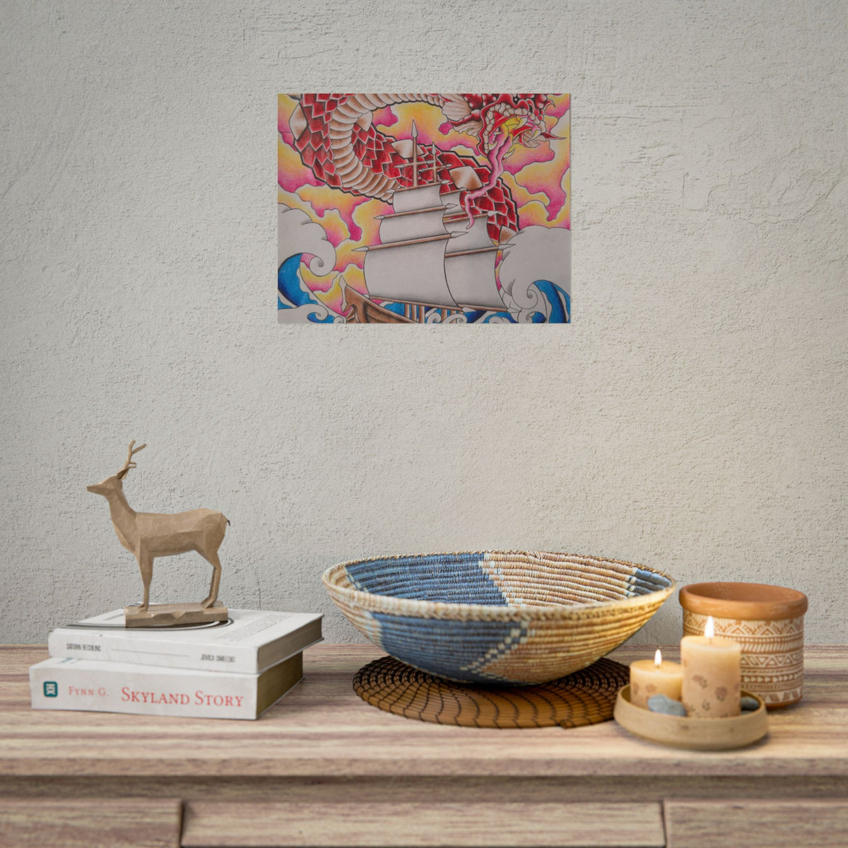 Sail and Dragon Art Poster — Nautical Tattoo-Style Rolled Print