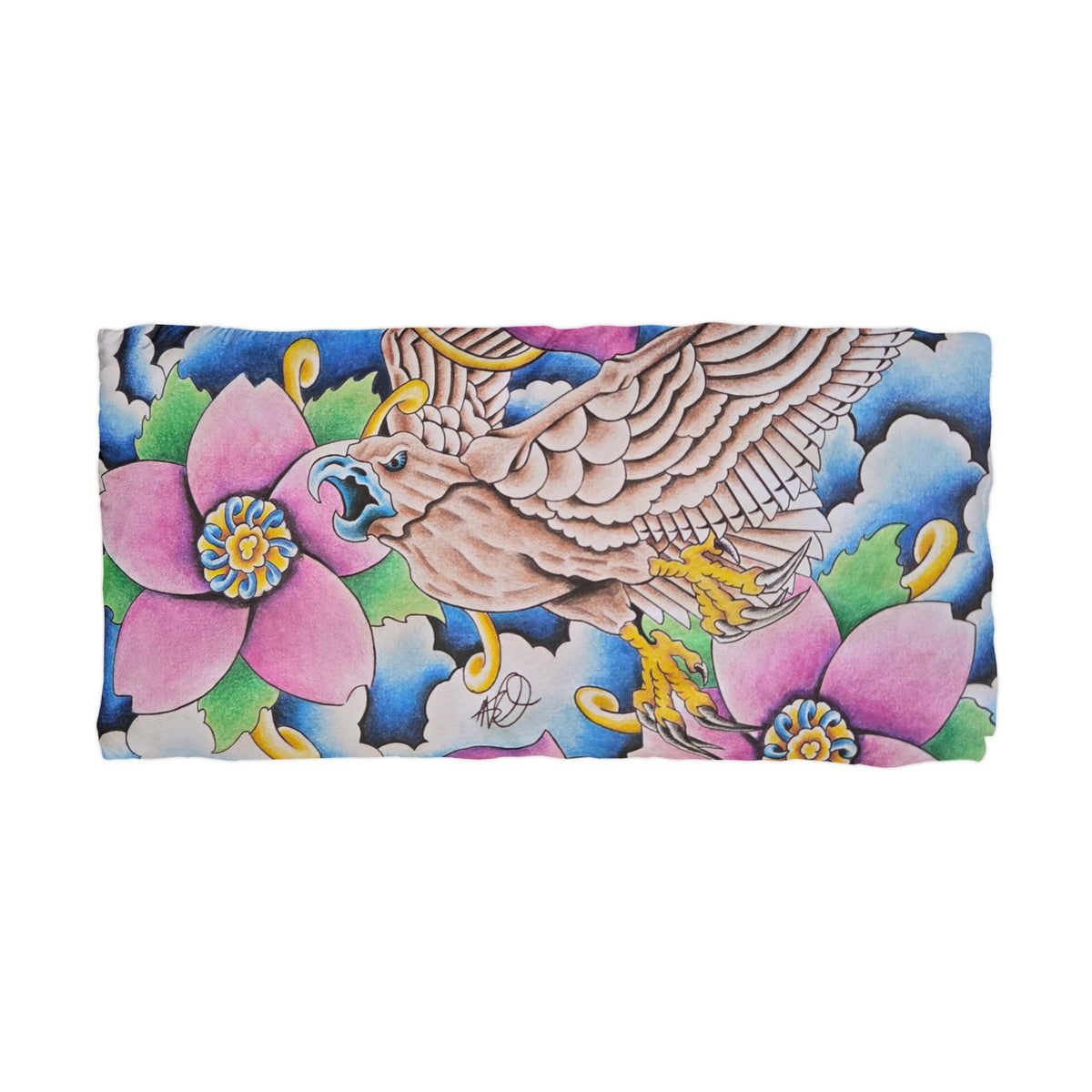Falcon & Lotus Microfiber Pillowcase — Vibrant Tattoo-Style Floral Bird Design