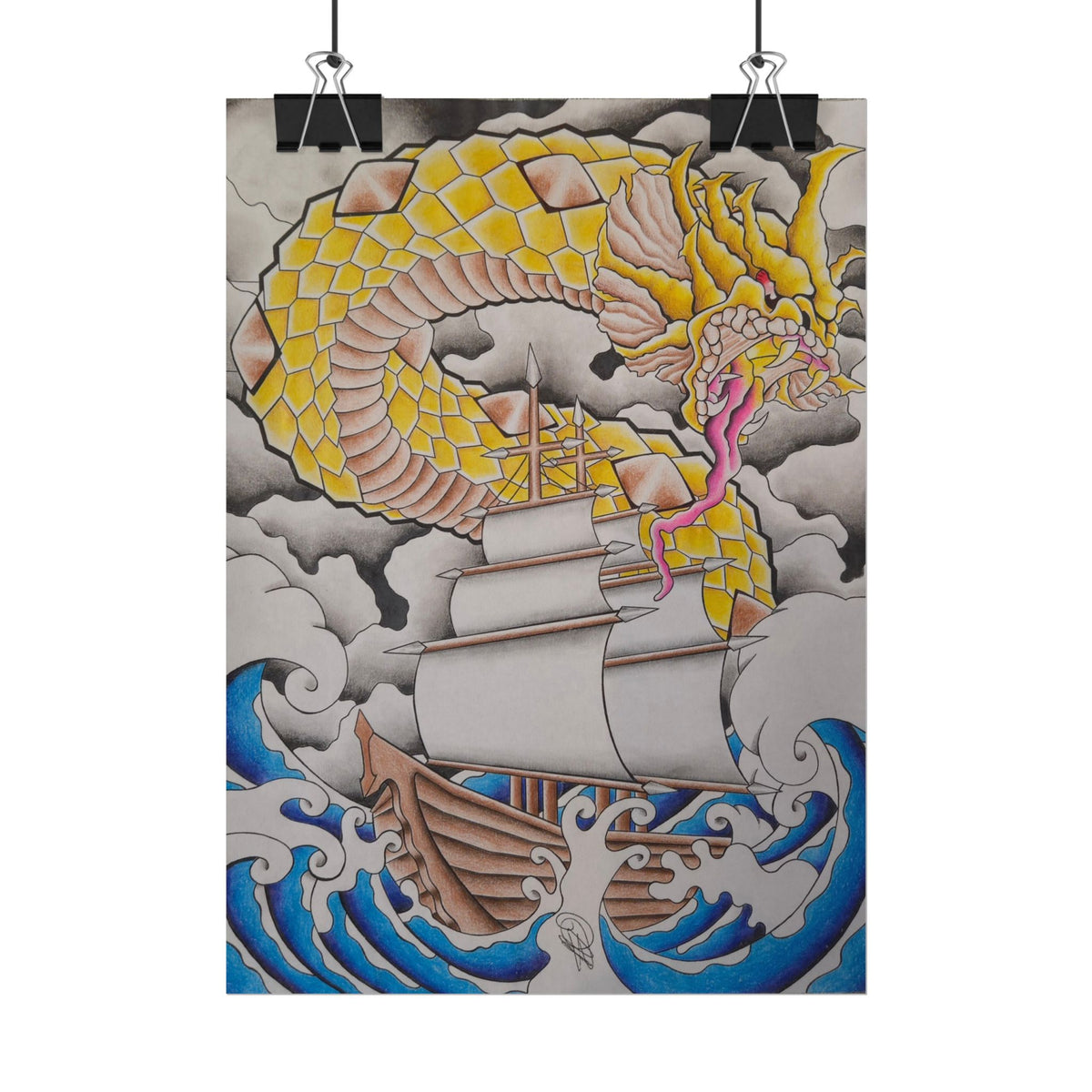 Sailboat & Golden Dragon Poster — Nautical Tattoo Art Rolled Print