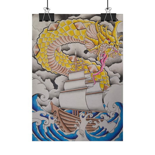 Sailboat & Golden Dragon Poster — Nautical Tattoo Art Rolled Print