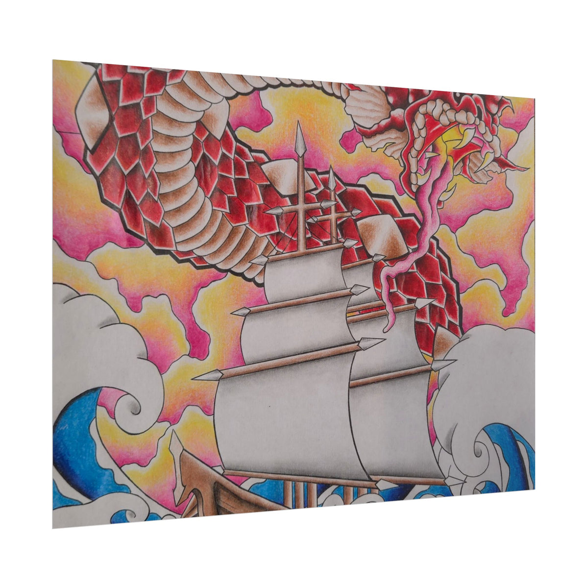 Sail and Dragon Art Poster — Nautical Tattoo-Style Rolled Print
