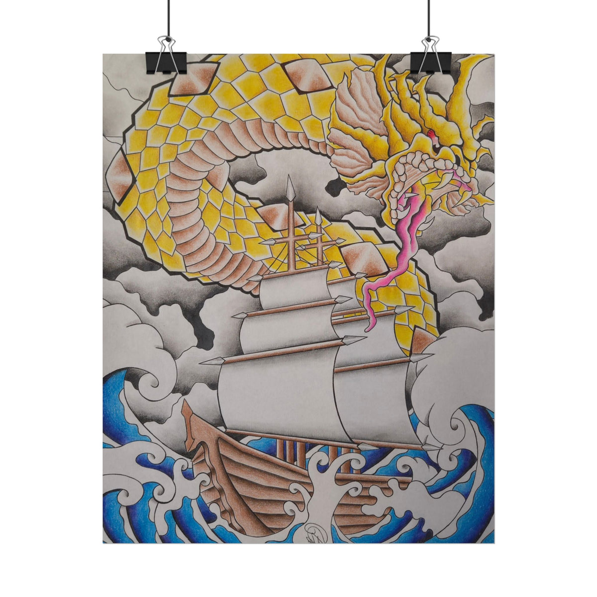 Sailboat & Golden Dragon Poster — Nautical Tattoo Art Rolled Print