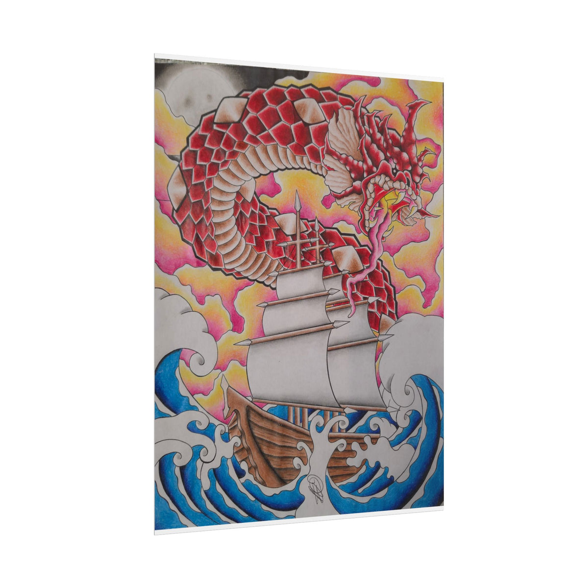 Sail and Dragon Art Poster — Nautical Tattoo-Style Rolled Print