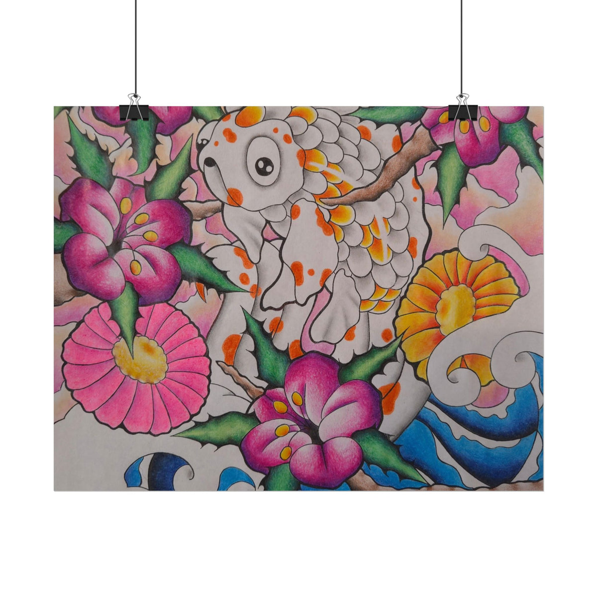 Koi & Cherry Blossom Art Poster — Japanese Tattoo Style Rolled Print