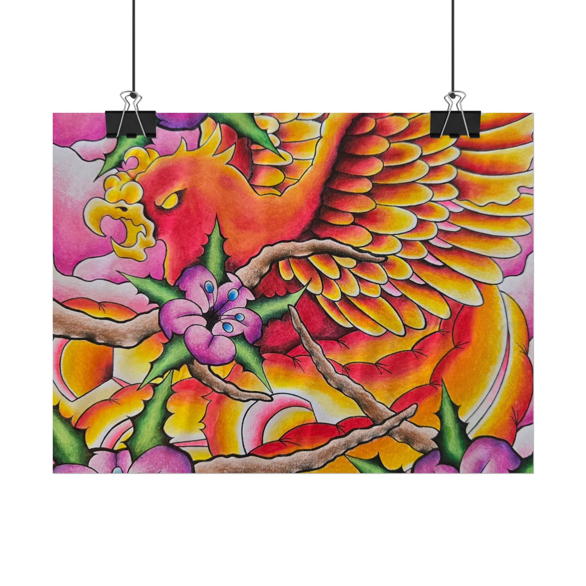 Phoenix Floral Art Poster — Vibrant Tattoo-Style Rolled Print