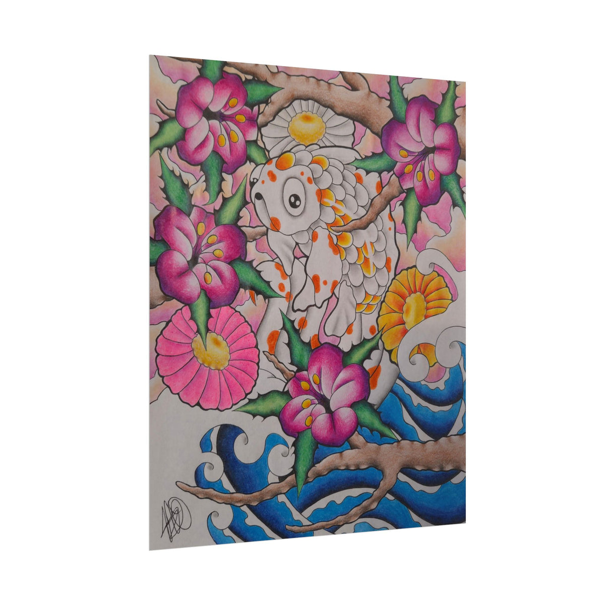 Koi & Cherry Blossom Art Poster — Japanese Tattoo Style Rolled Print