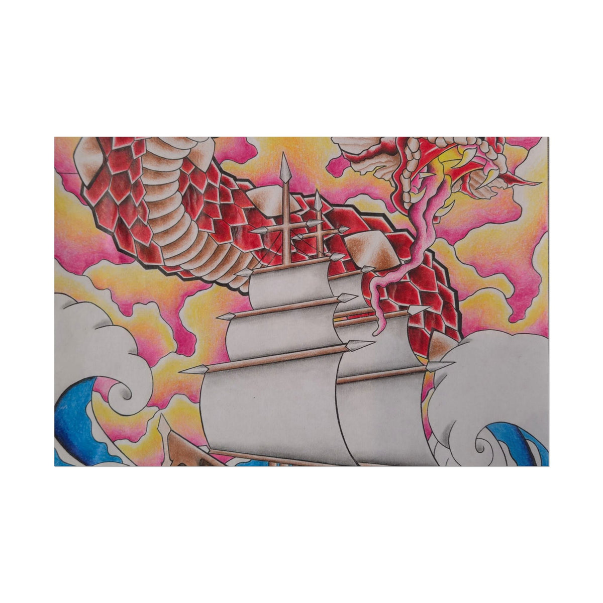 Sail and Dragon Art Poster — Nautical Tattoo-Style Rolled Print