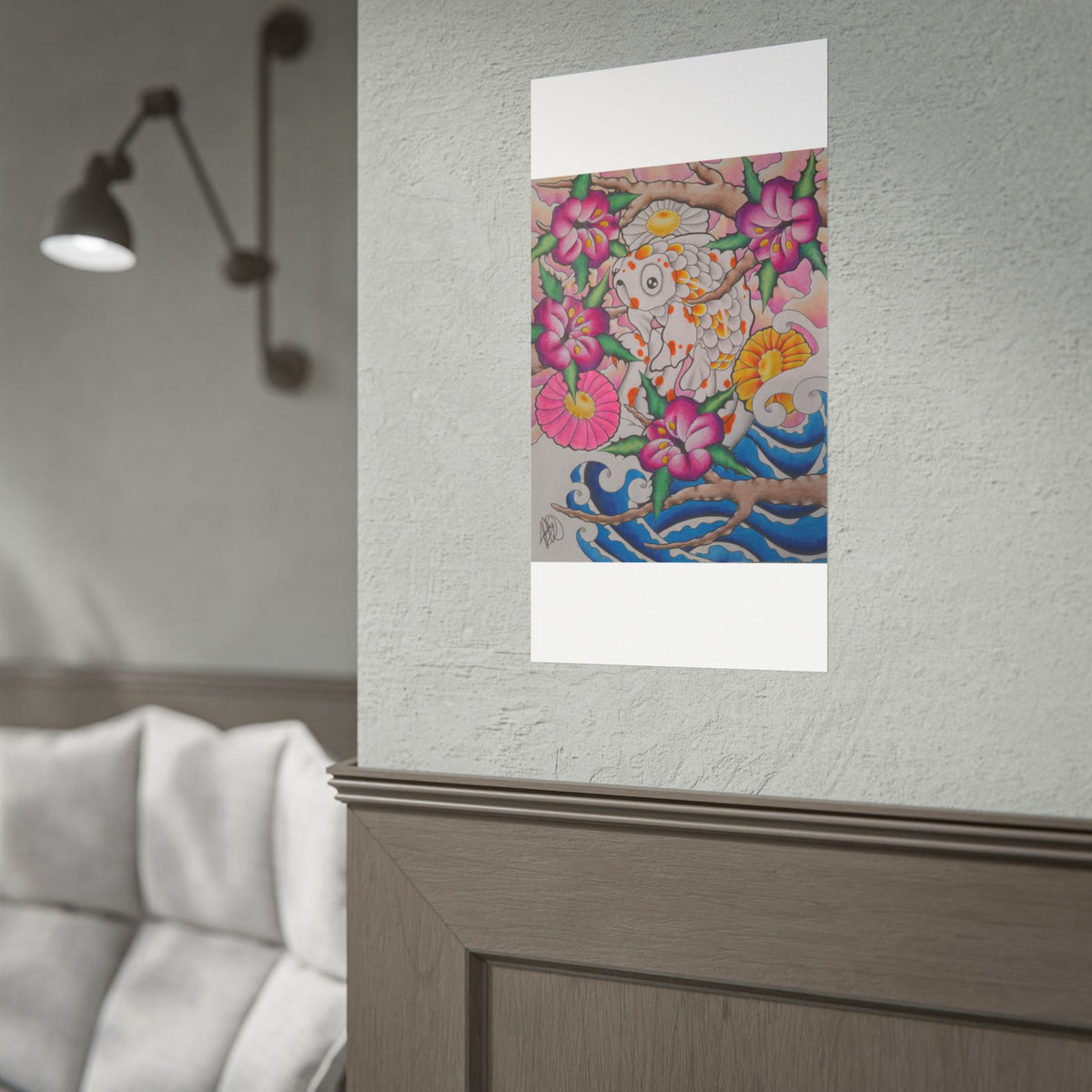 Koi & Cherry Blossom Art Poster — Japanese Tattoo Style Rolled Print