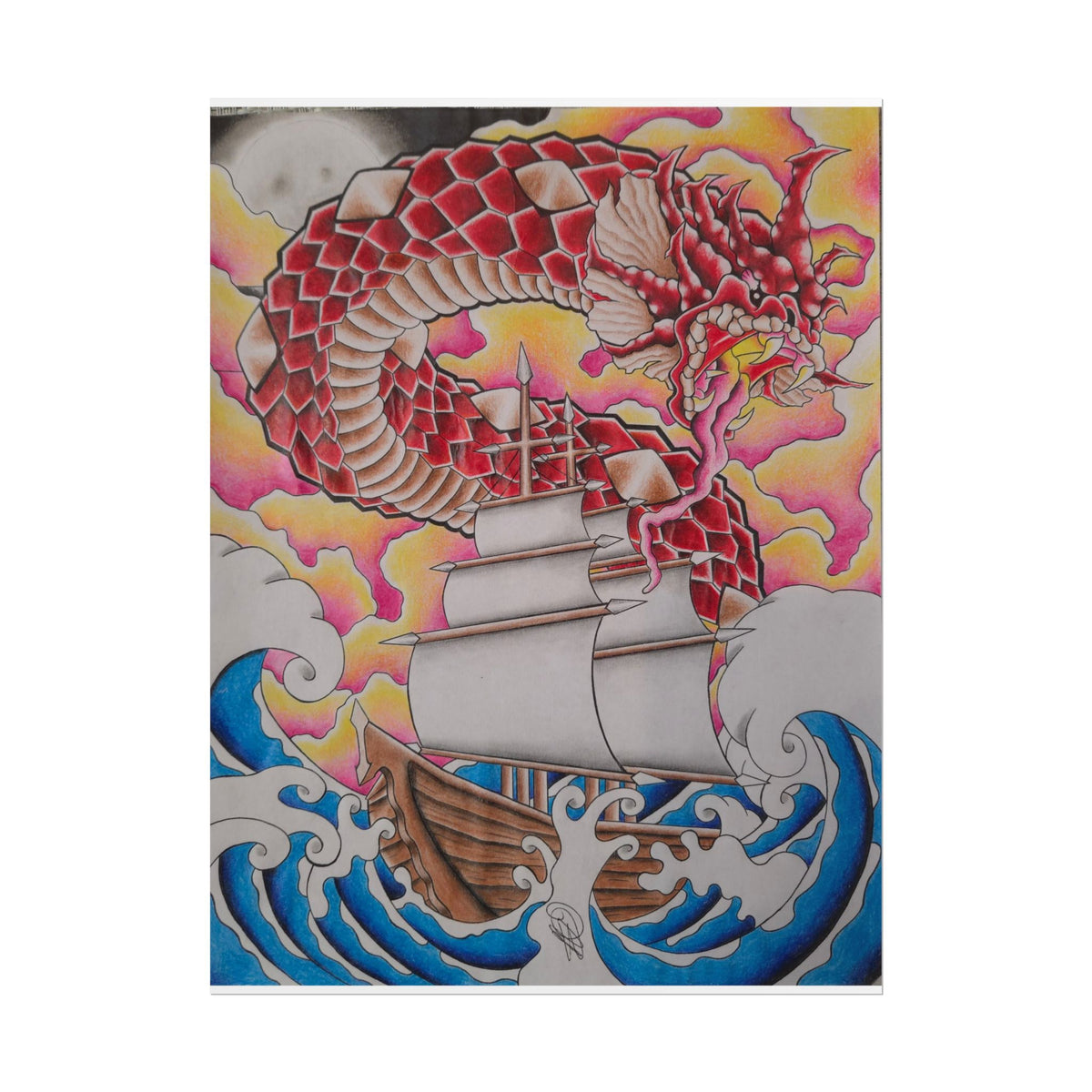 Sail and Dragon Art Poster — Nautical Tattoo-Style Rolled Print