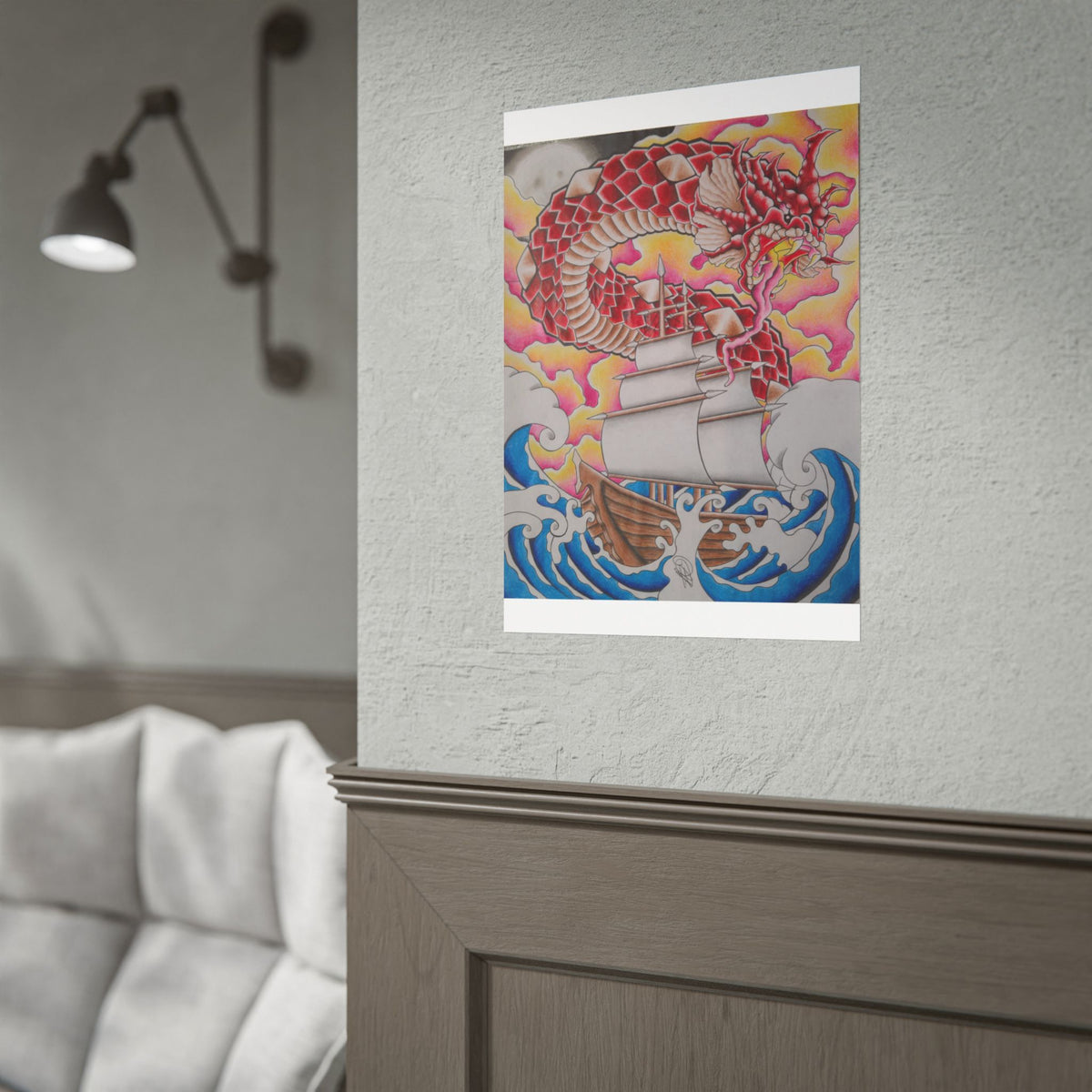 Sail and Dragon Art Poster — Nautical Tattoo-Style Rolled Print