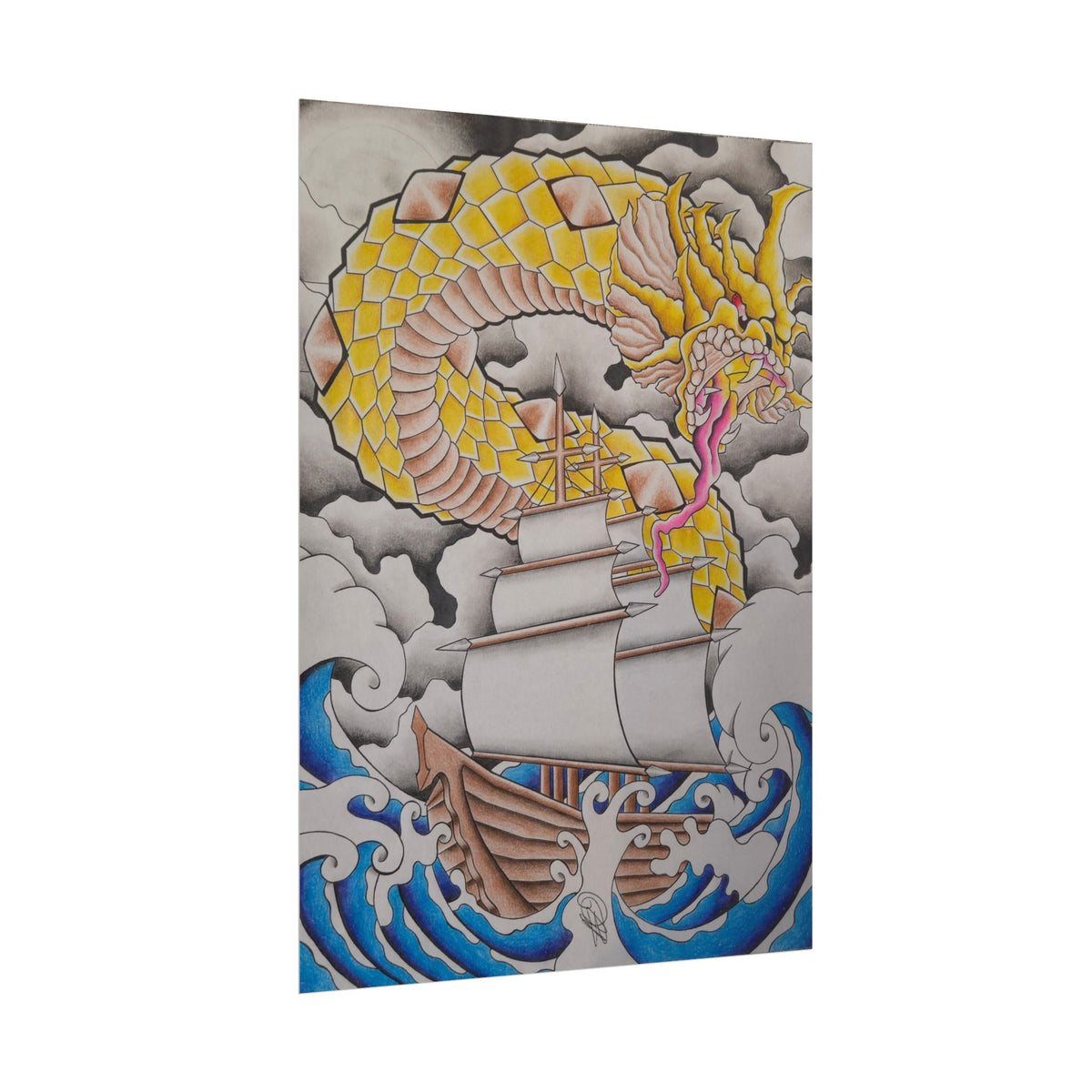 Sailboat & Golden Dragon Poster — Nautical Tattoo Art Rolled Print