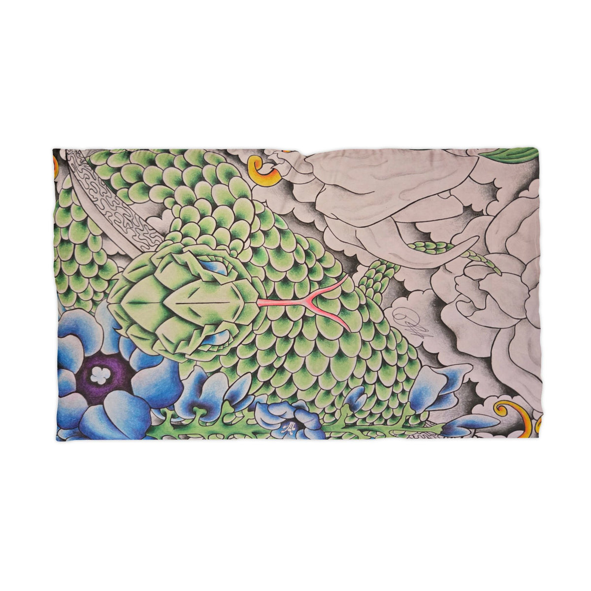 Green Snake Tattoo Microfiber Pillowcase — Floral Japanese-Style Design