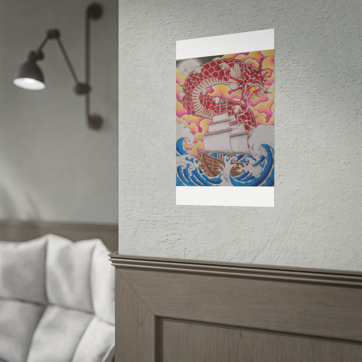 Sail and Dragon Art Poster — Nautical Tattoo-Style Rolled Print