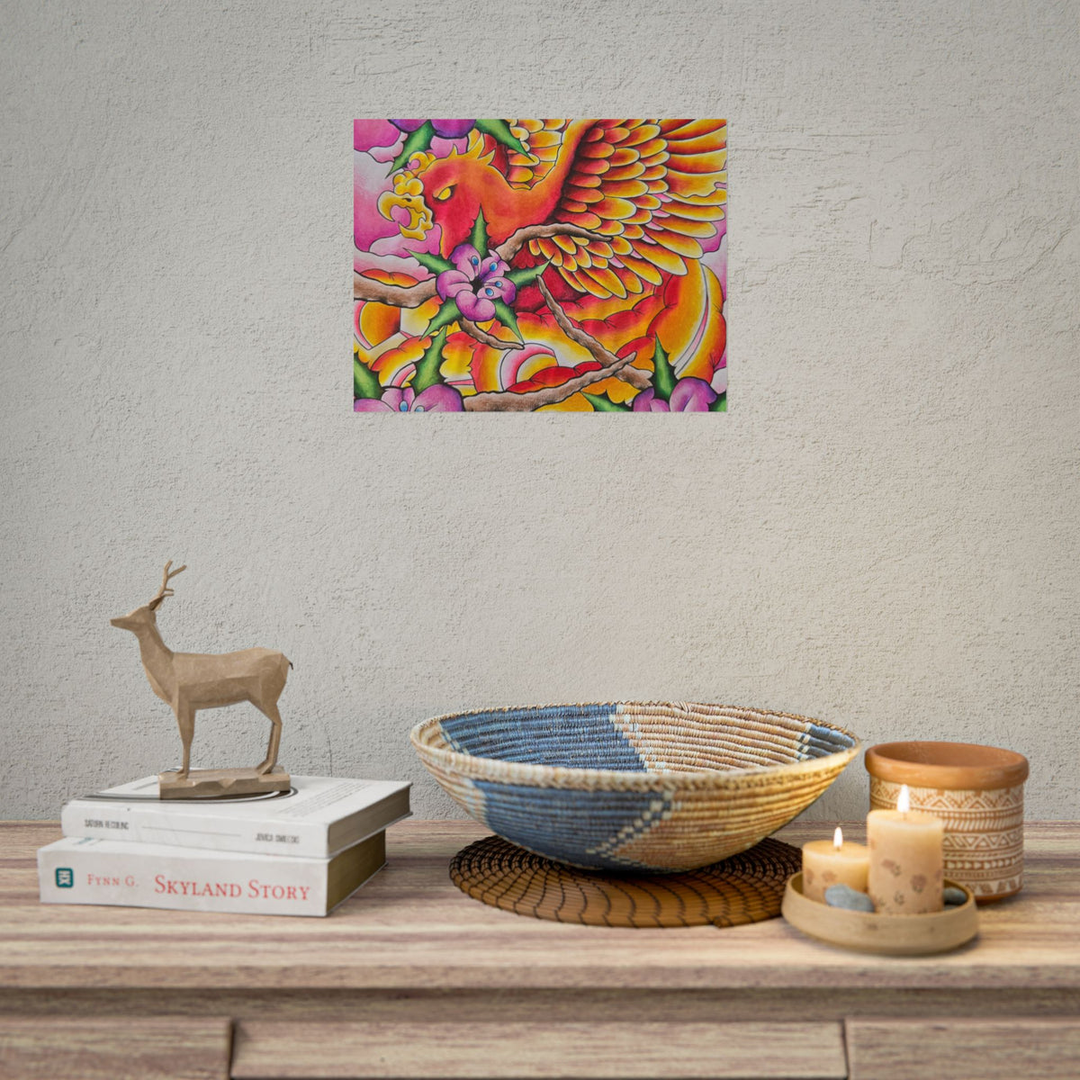 Phoenix Floral Art Poster — Vibrant Tattoo-Style Rolled Print