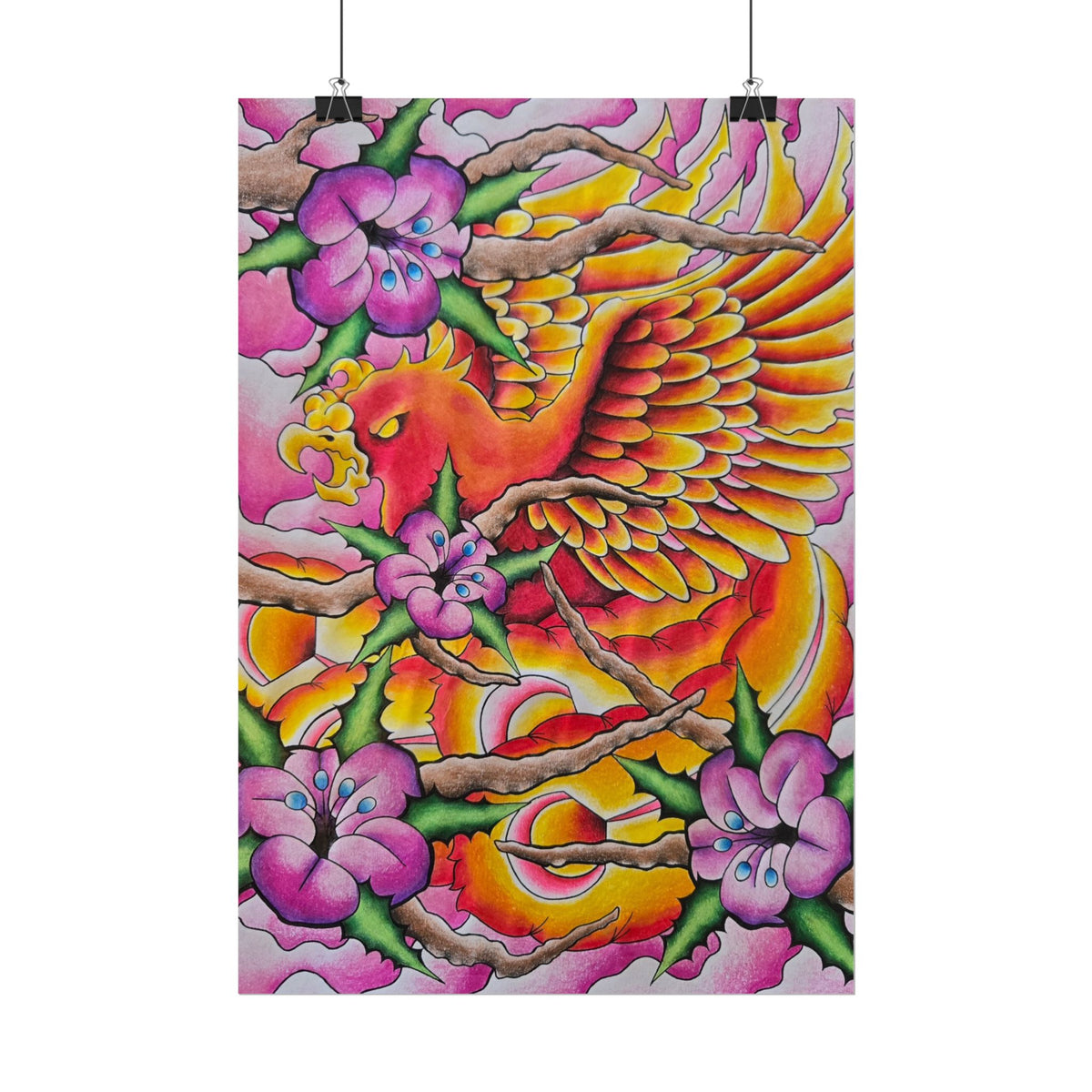 Phoenix Floral Art Poster — Vibrant Tattoo-Style Rolled Print