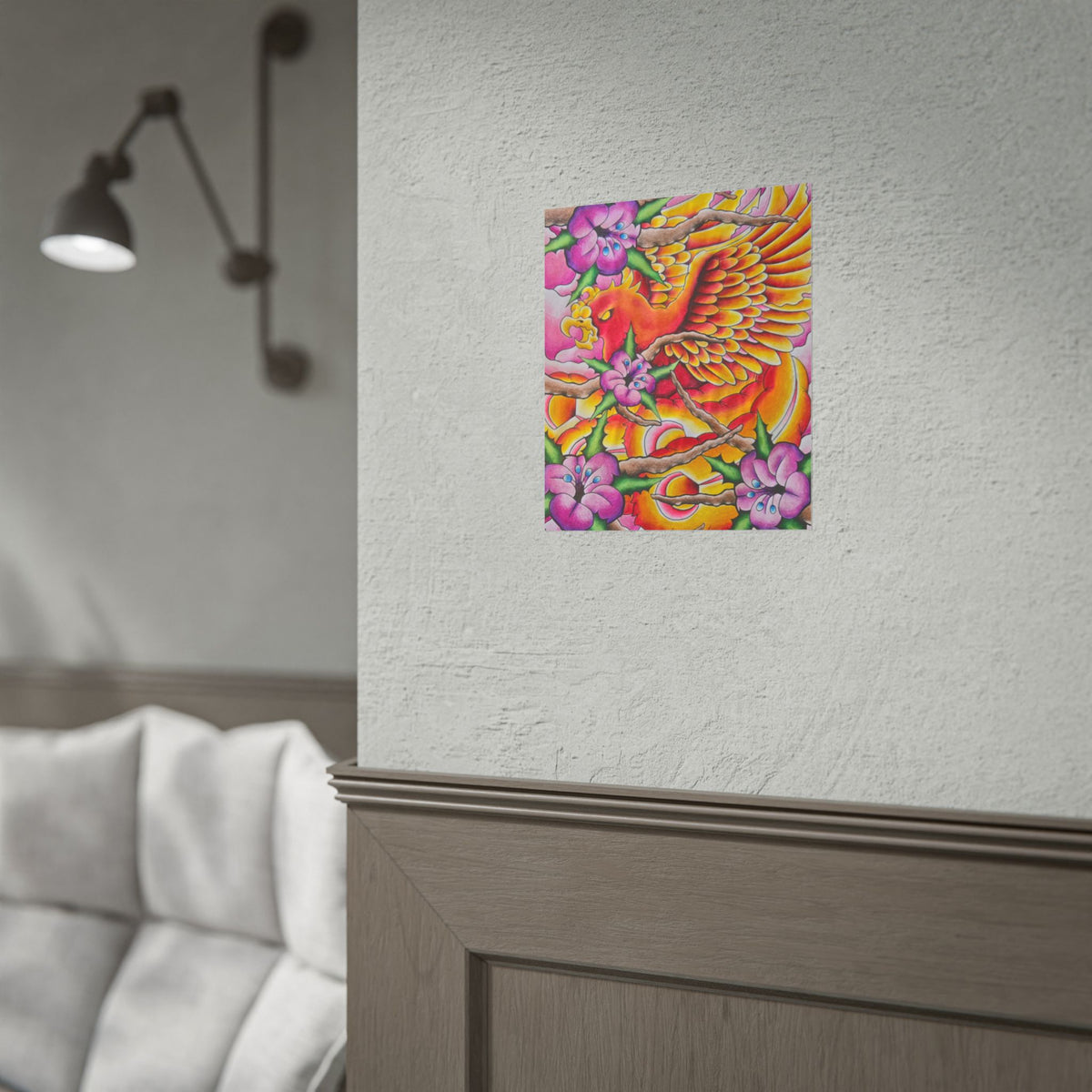 Phoenix Floral Art Poster — Vibrant Tattoo-Style Rolled Print