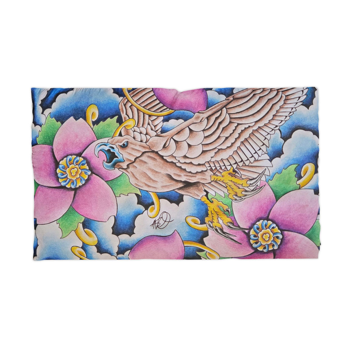 Falcon & Lotus Microfiber Pillowcase — Vibrant Tattoo-Style Floral Bird Design