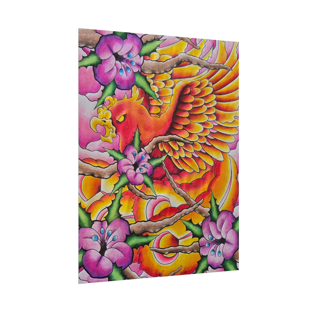 Phoenix Floral Art Poster — Vibrant Tattoo-Style Rolled Print
