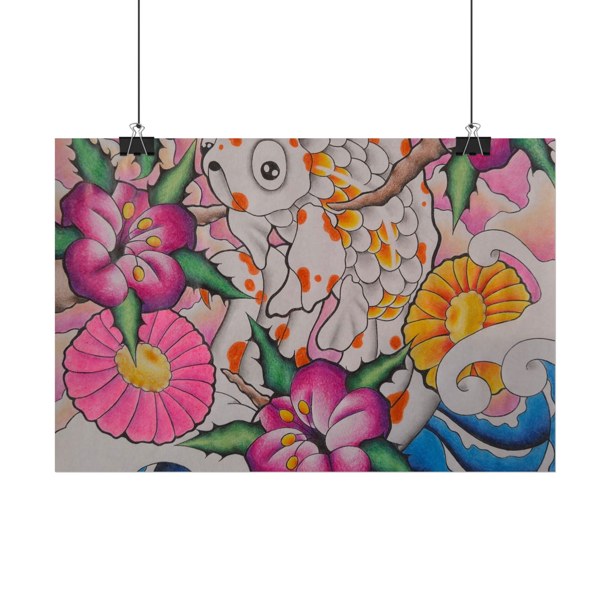 Koi & Cherry Blossom Art Poster — Japanese Tattoo Style Rolled Print