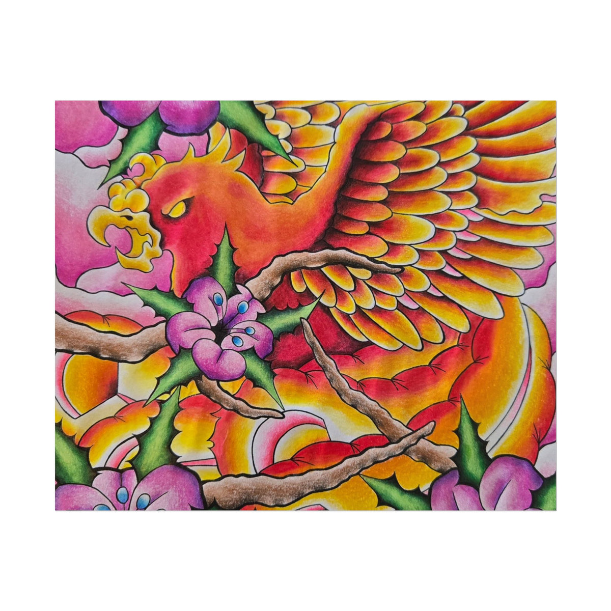 Phoenix Floral Art Poster — Vibrant Tattoo-Style Rolled Print