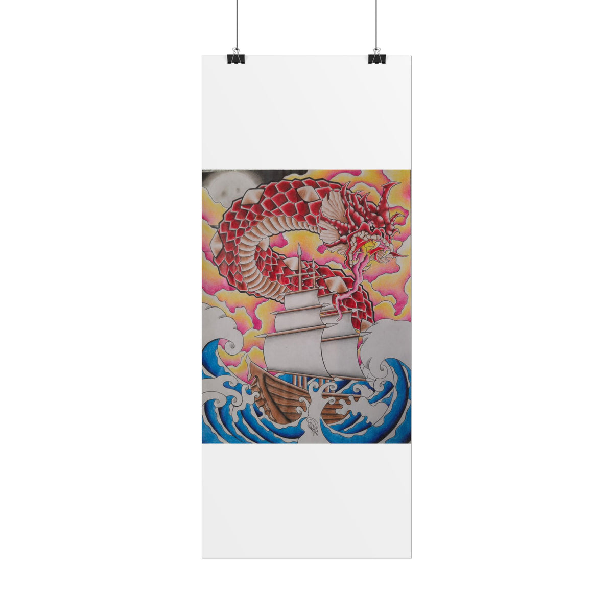 Sail and Dragon Art Poster — Nautical Tattoo-Style Rolled Print
