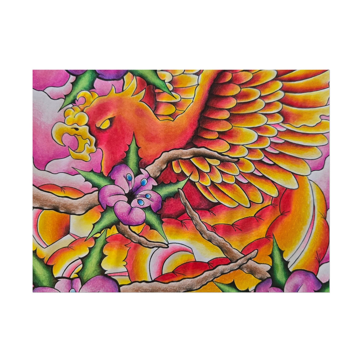 Phoenix Floral Art Poster — Vibrant Tattoo-Style Rolled Print