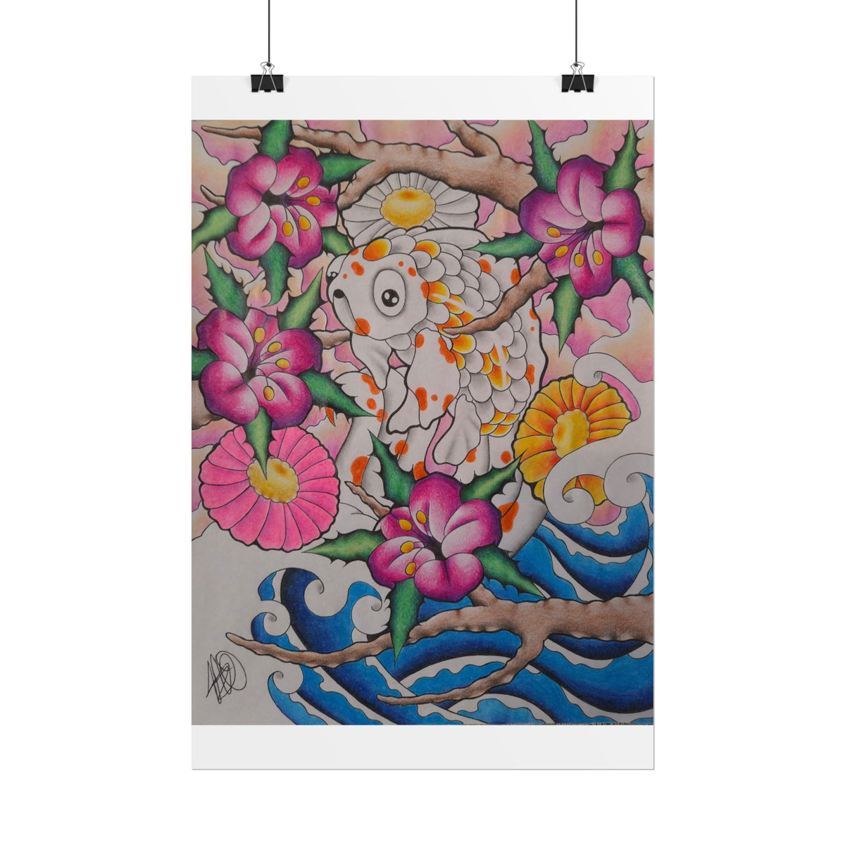 Koi & Cherry Blossom Art Poster — Japanese Tattoo Style Rolled Print