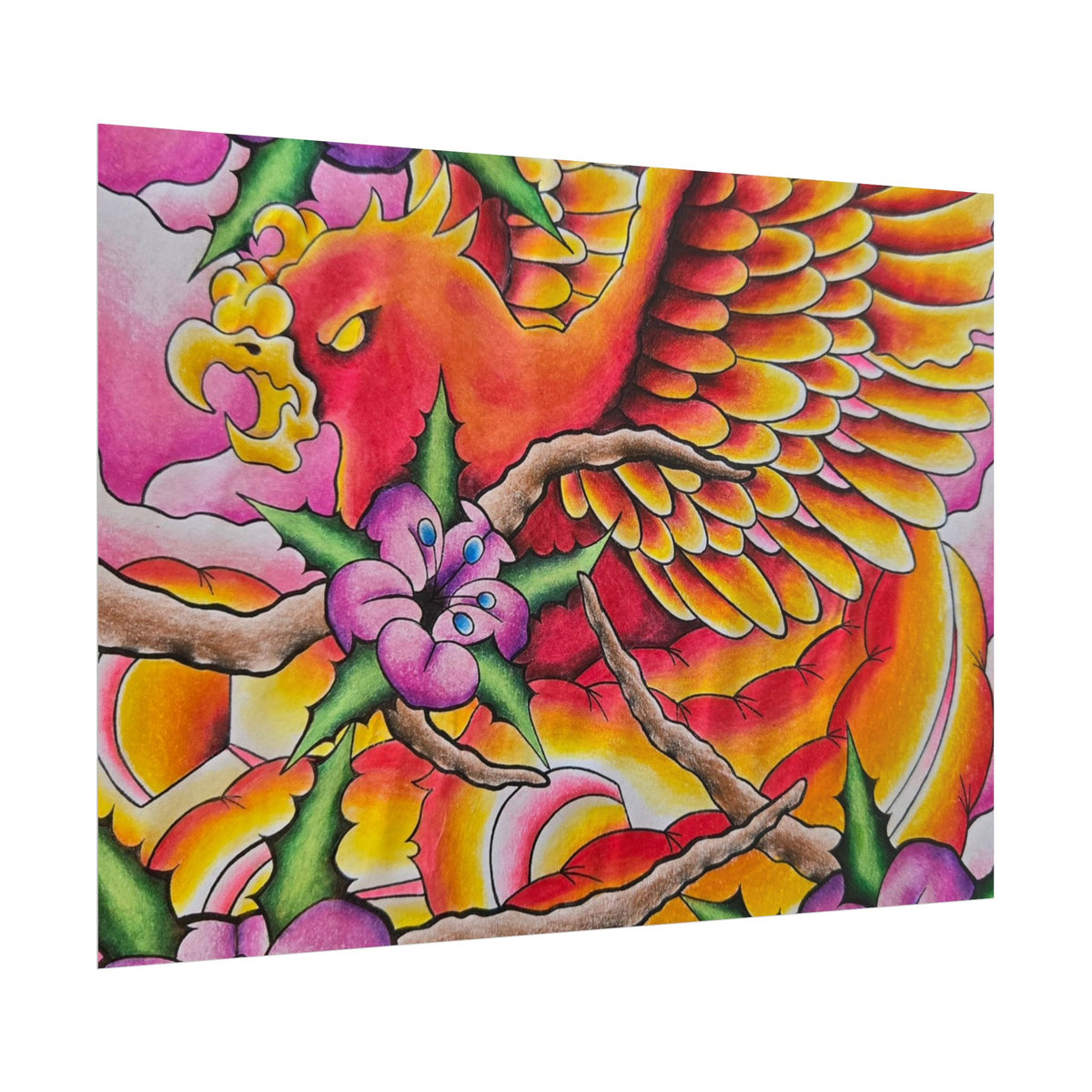 Phoenix Floral Art Poster — Vibrant Tattoo-Style Rolled Print