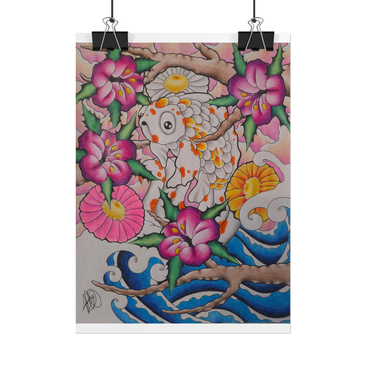 Koi & Cherry Blossom Art Poster — Japanese Tattoo Style Rolled Print