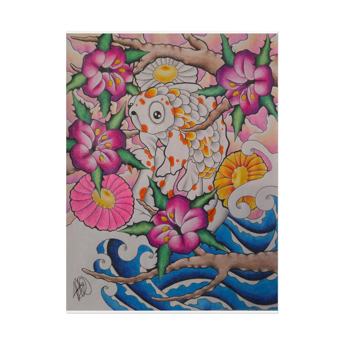 Koi & Cherry Blossom Art Poster — Japanese Tattoo Style Rolled Print