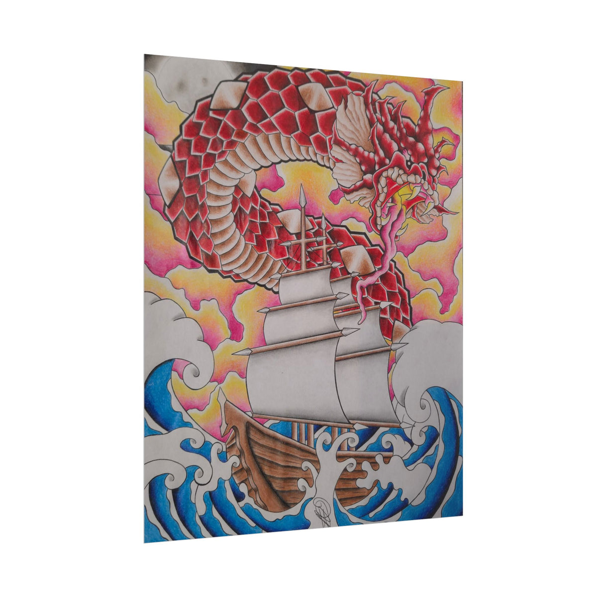 Sail and Dragon Art Poster — Nautical Tattoo-Style Rolled Print