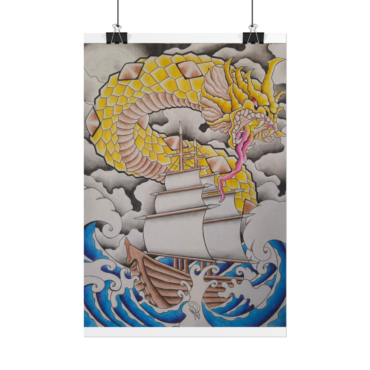 Sailboat & Golden Dragon Poster — Nautical Tattoo Art Rolled Print