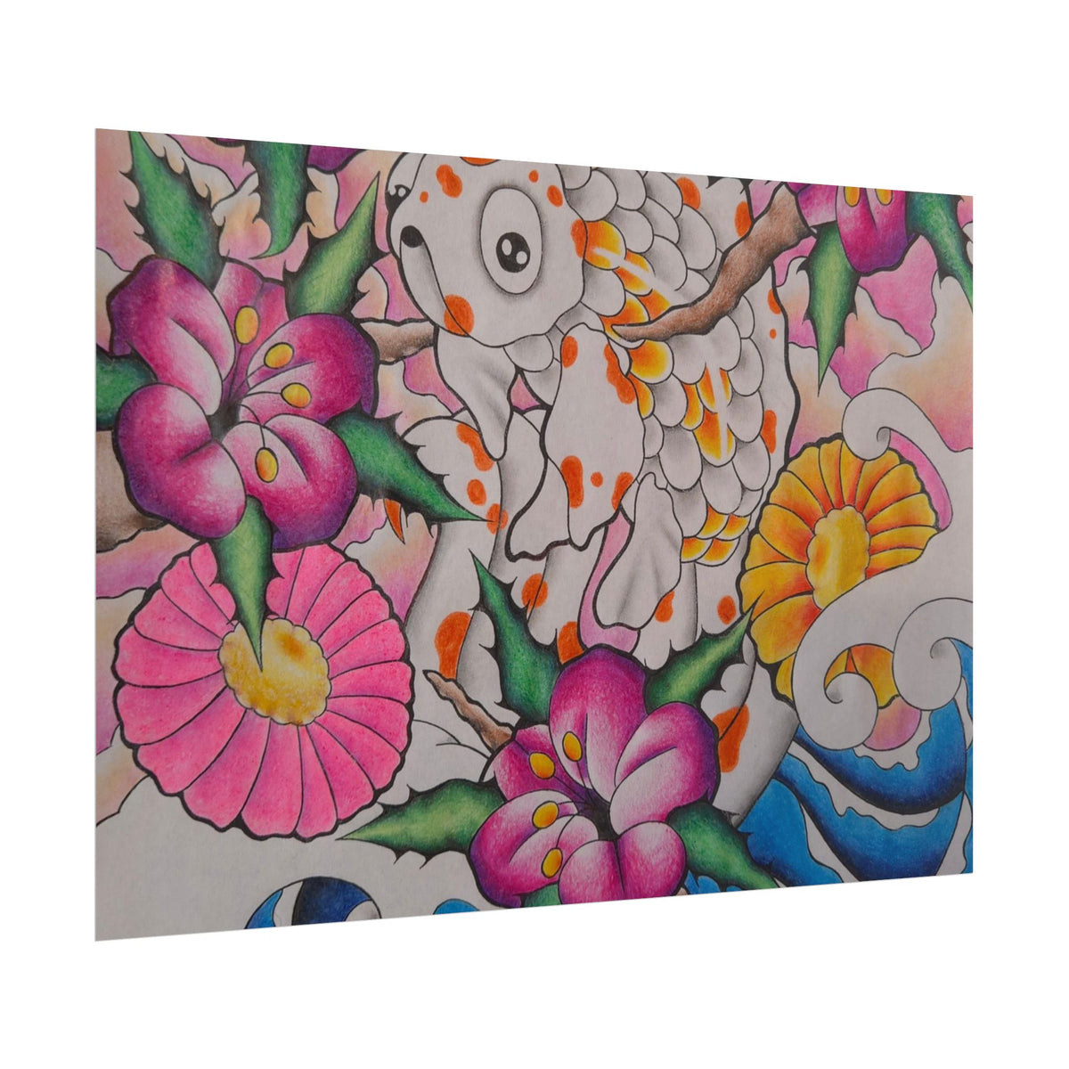 Koi & Cherry Blossom Art Poster — Japanese Tattoo Style Rolled Print
