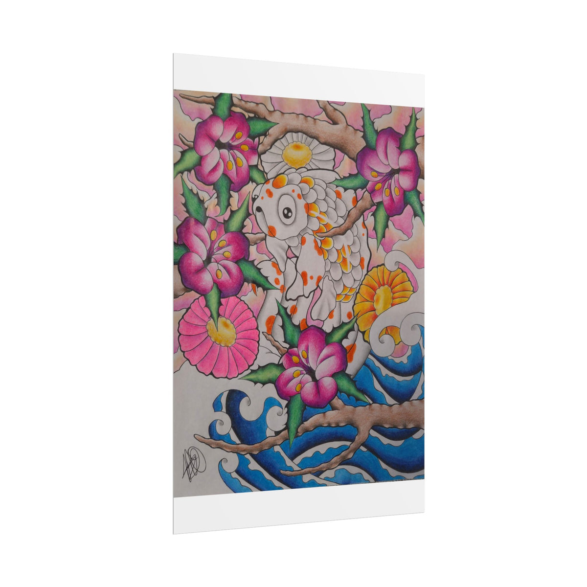 Koi & Cherry Blossom Art Poster — Japanese Tattoo Style Rolled Print