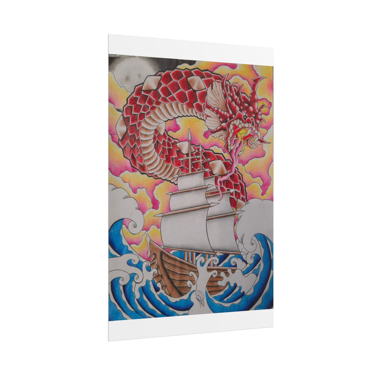 Sail and Dragon Art Poster — Nautical Tattoo-Style Rolled Print