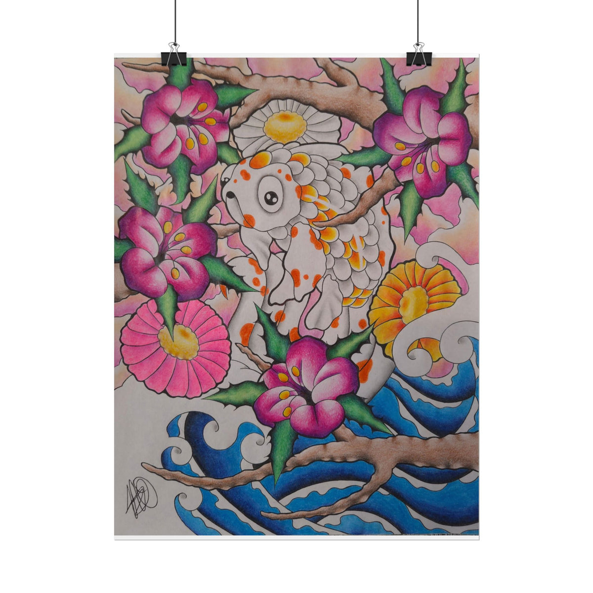 Koi & Cherry Blossom Art Poster — Japanese Tattoo Style Rolled Print