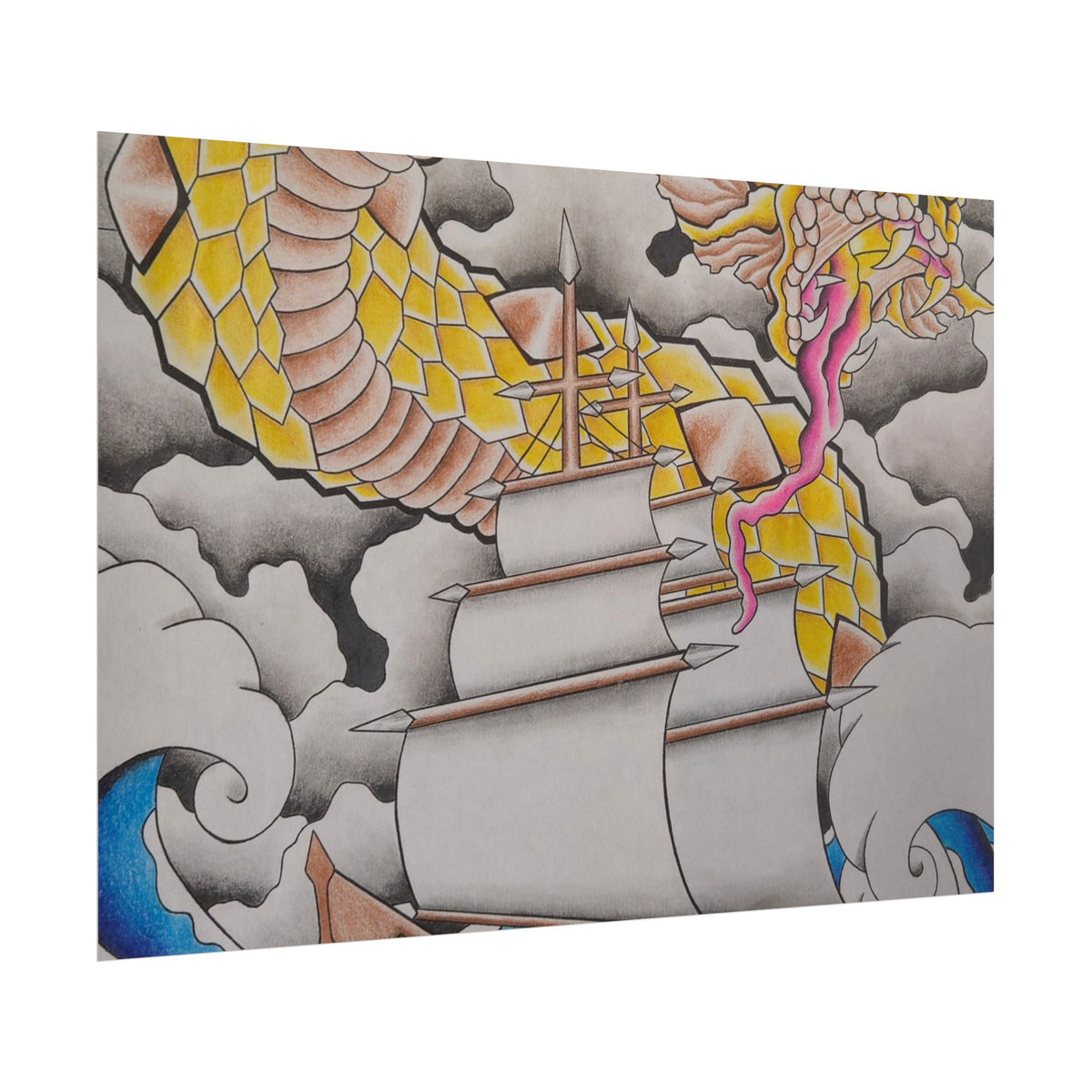 Sailboat & Golden Dragon Poster — Nautical Tattoo Art Rolled Print