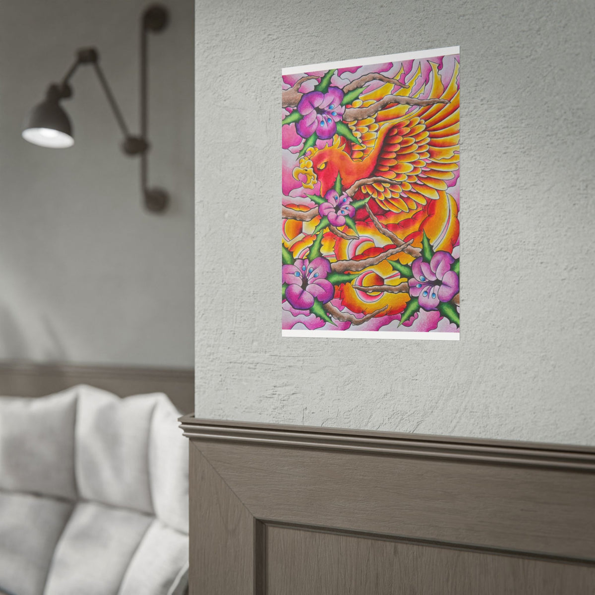 Phoenix Floral Art Poster — Vibrant Tattoo-Style Rolled Print
