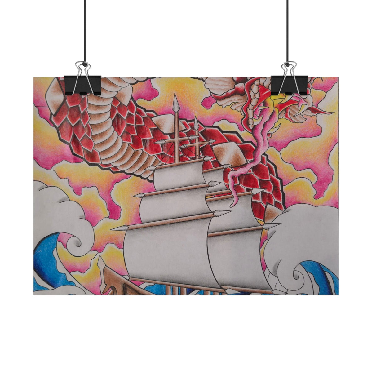 Sail and Dragon Art Poster — Nautical Tattoo-Style Rolled Print