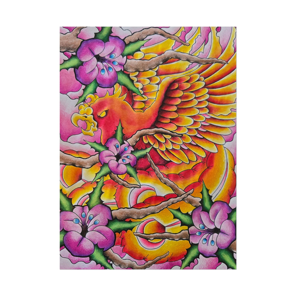 Phoenix Floral Art Poster — Vibrant Tattoo-Style Rolled Print