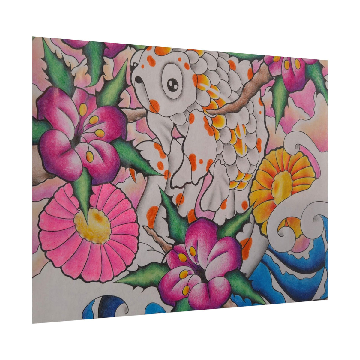 Koi & Cherry Blossom Art Poster — Japanese Tattoo Style Rolled Print