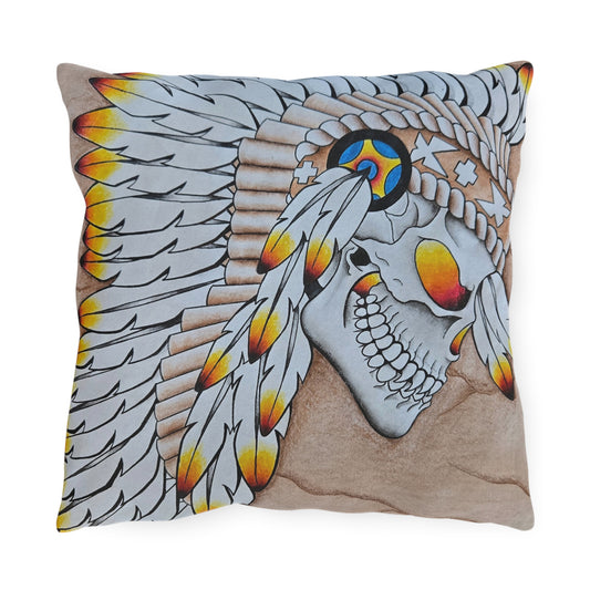 Chief Skull Outdoor Pillow — Tribal Skull Accent Cushion for Patio