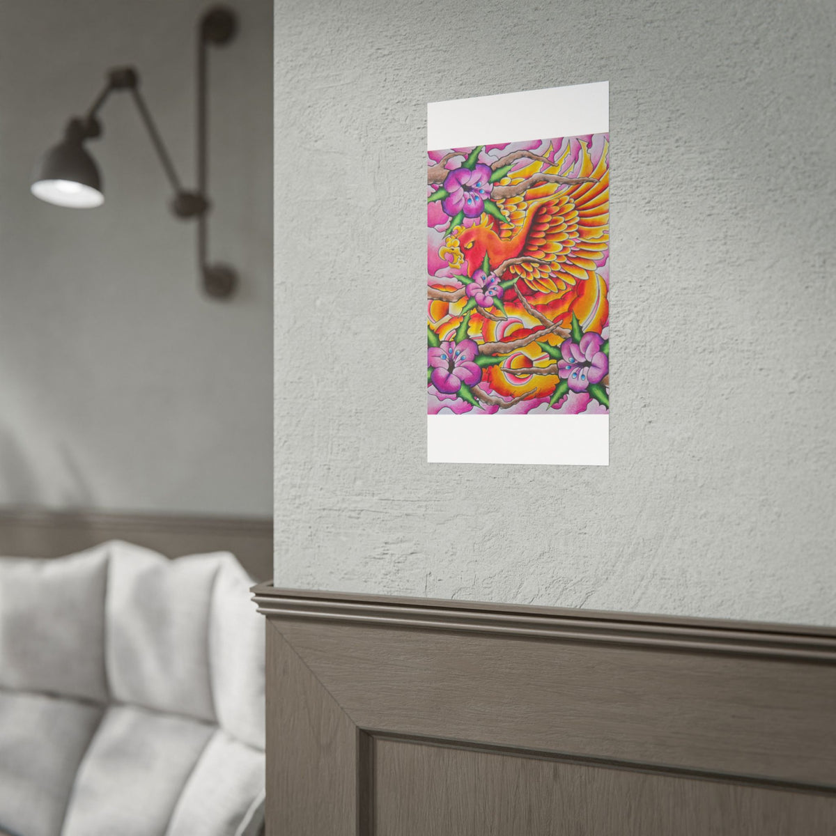 Phoenix Floral Art Poster — Vibrant Tattoo-Style Rolled Print