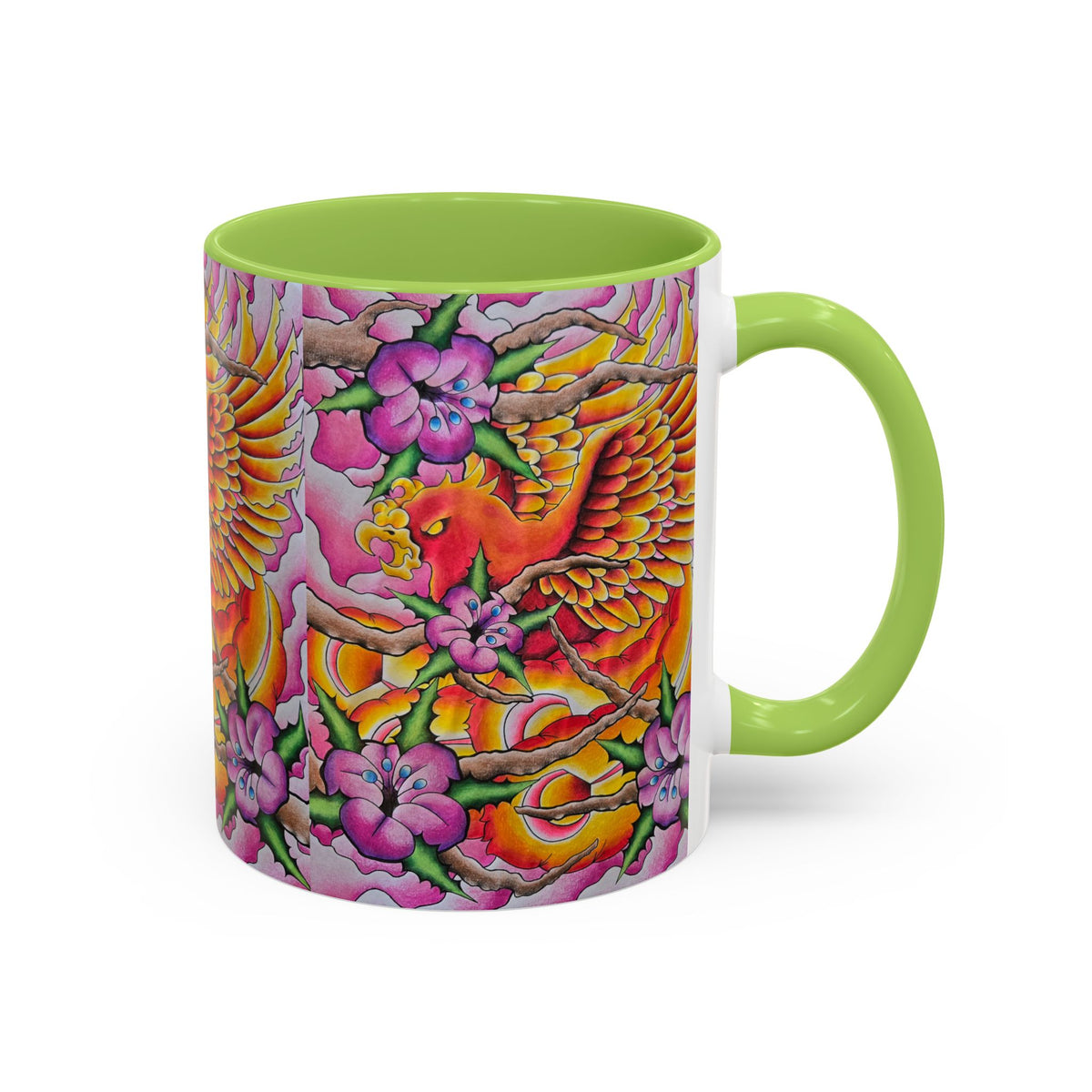 Phoenix Floral Coffee Mug — Colorful Tattoo-Style Ceramic Accent Mug