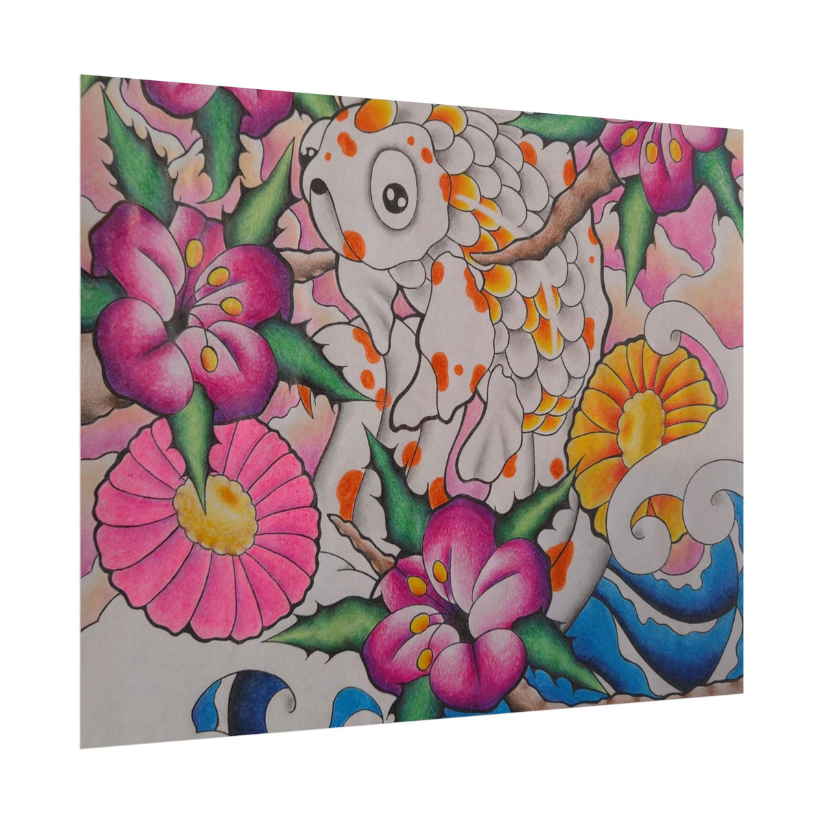 Koi & Cherry Blossom Art Poster — Japanese Tattoo Style Rolled Print