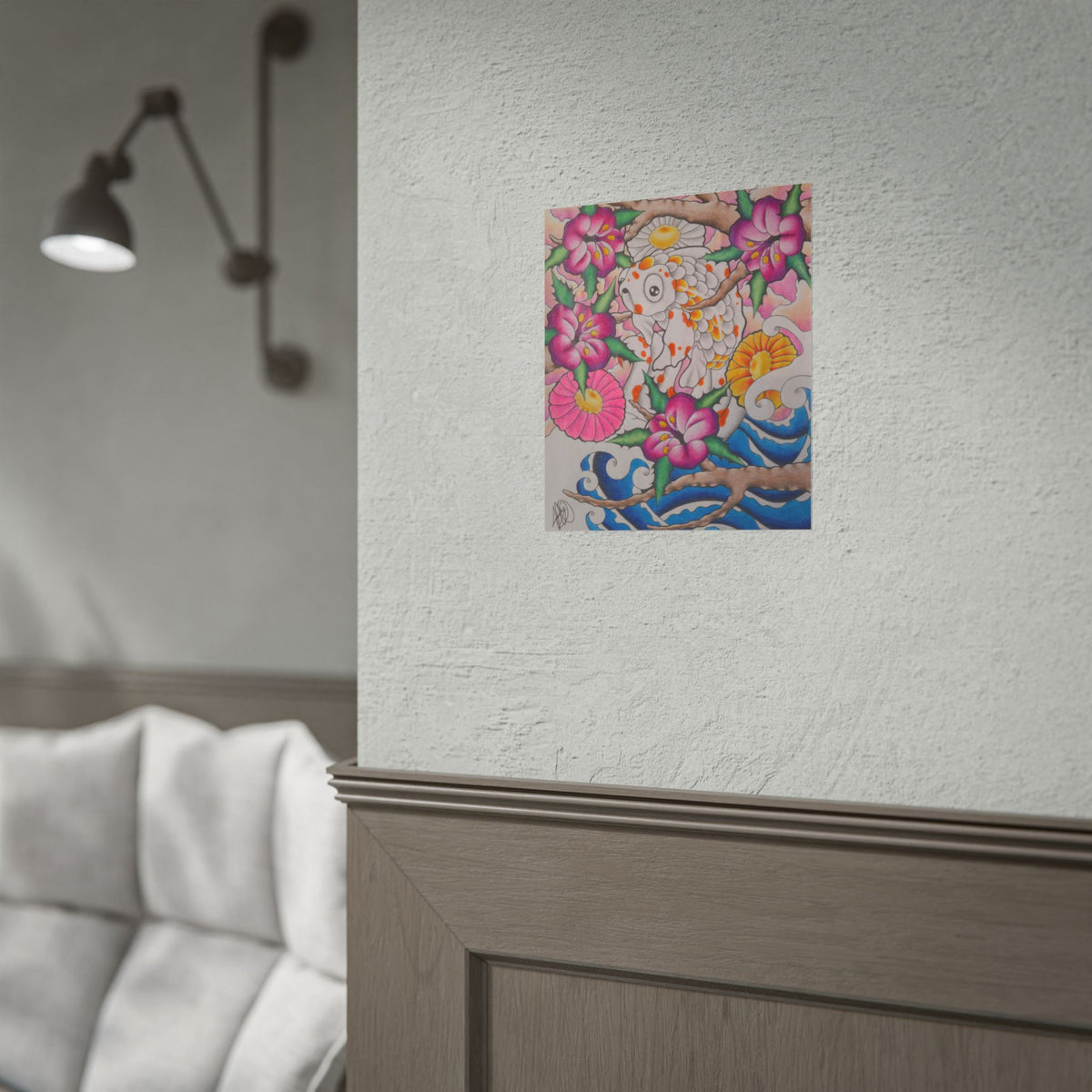 Koi & Cherry Blossom Art Poster — Japanese Tattoo Style Rolled Print
