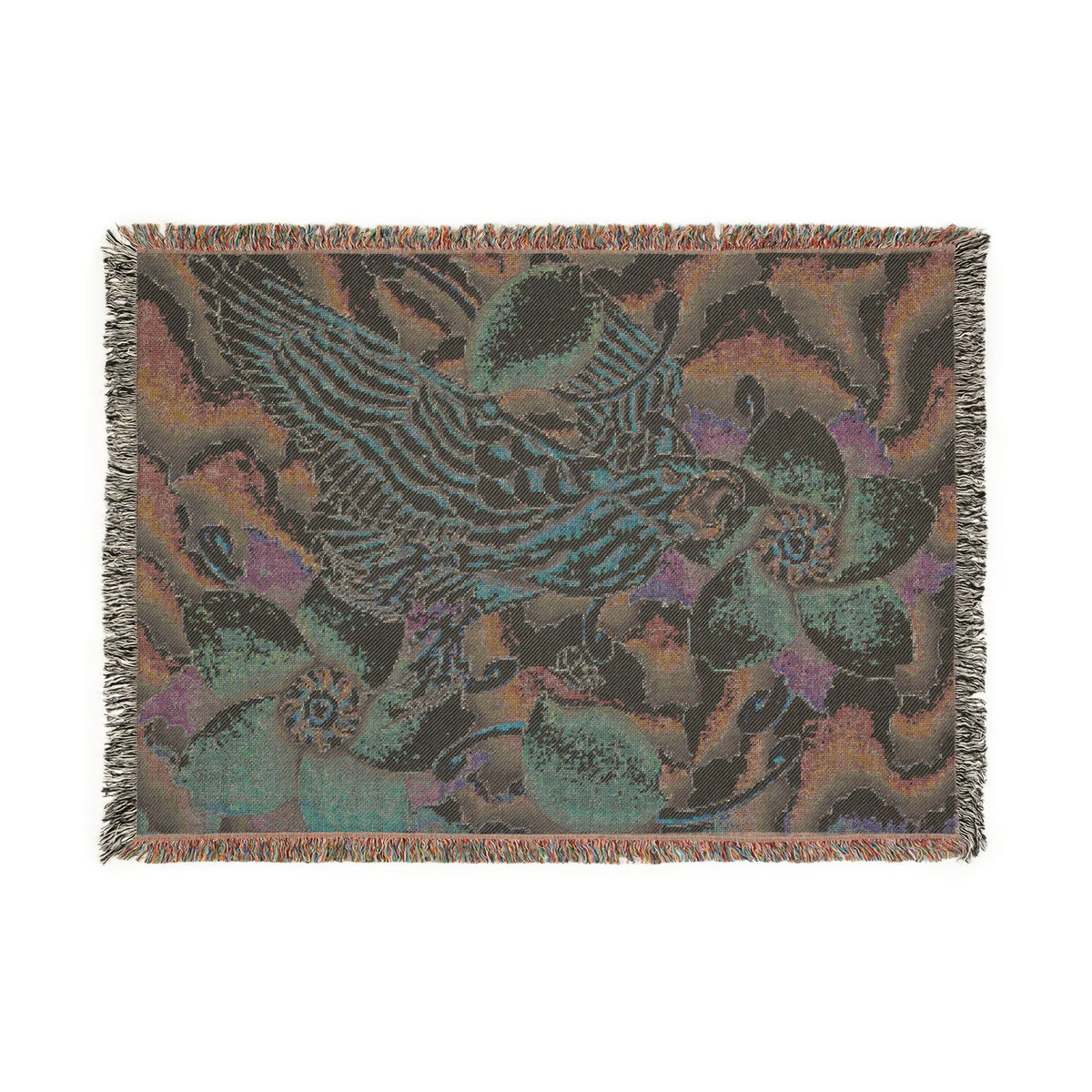 Floral Bird Woven Blanket — Vintage Botanical Throw for Living Room & Gift