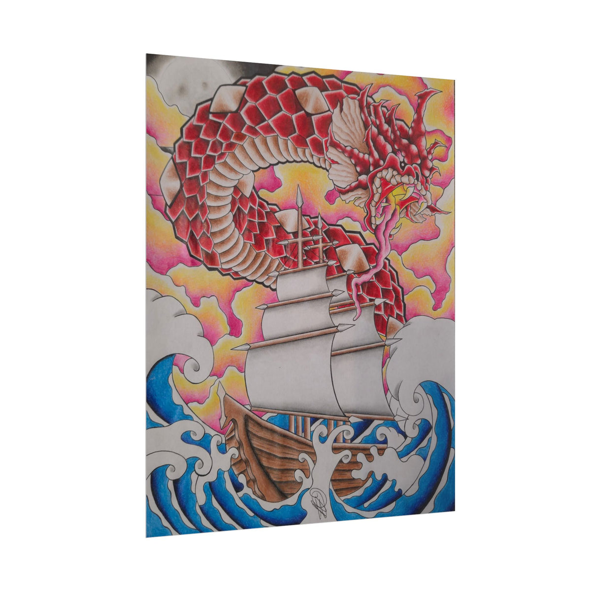 Sail and Dragon Art Poster — Nautical Tattoo-Style Rolled Print