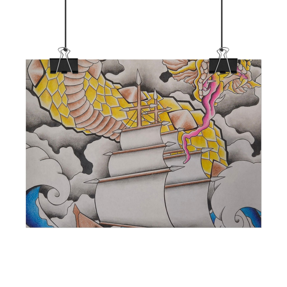 Sailboat & Golden Dragon Poster — Nautical Tattoo Art Rolled Print
