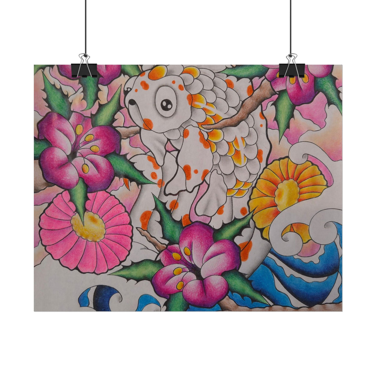 Koi & Cherry Blossom Art Poster — Japanese Tattoo Style Rolled Print